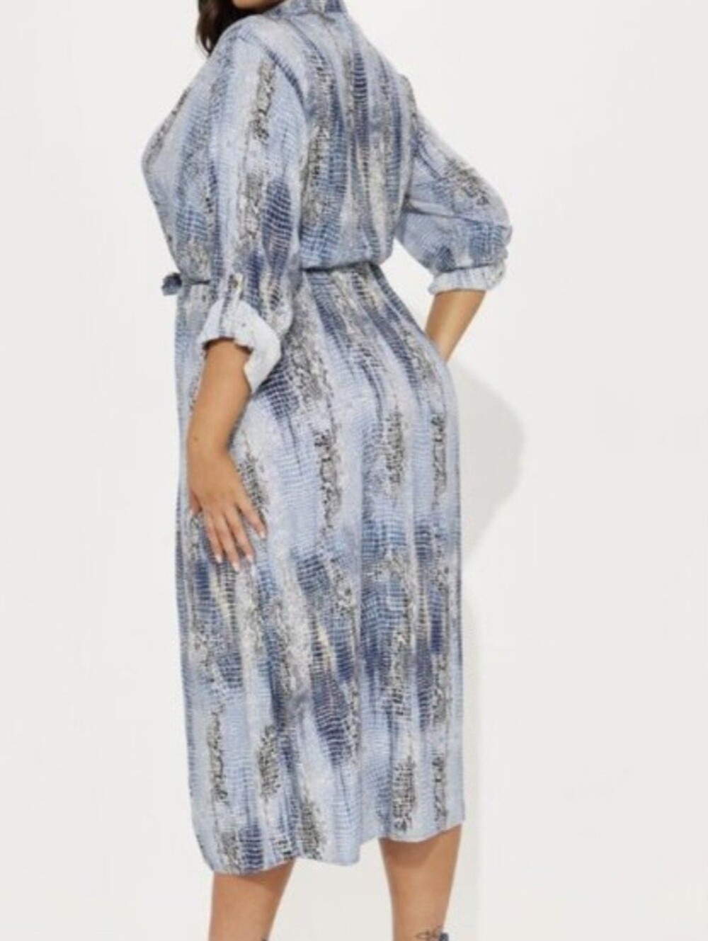 Blue Snake-Print Button-Front MIDI Shirt Dress